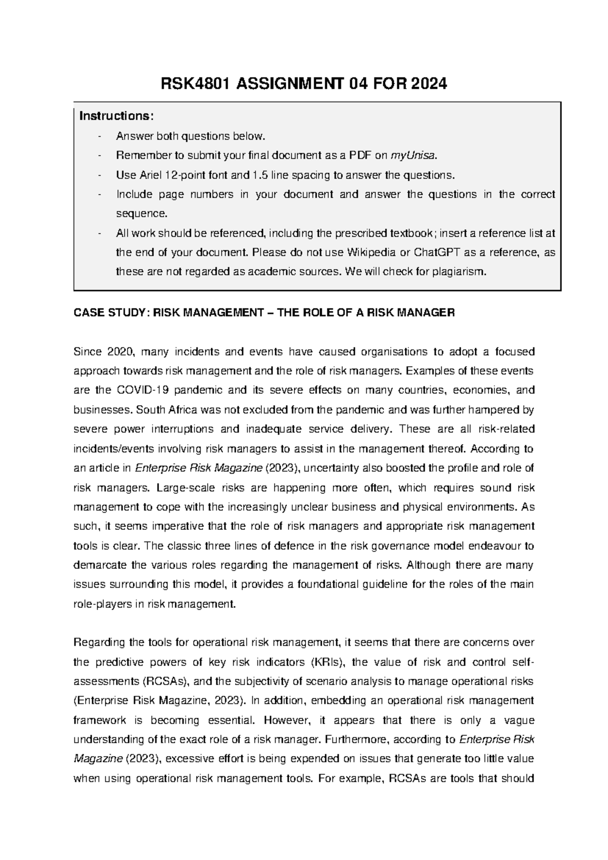 RSK4801 Assignment 04 Case Study: Risk Management for 2024 - Studocu