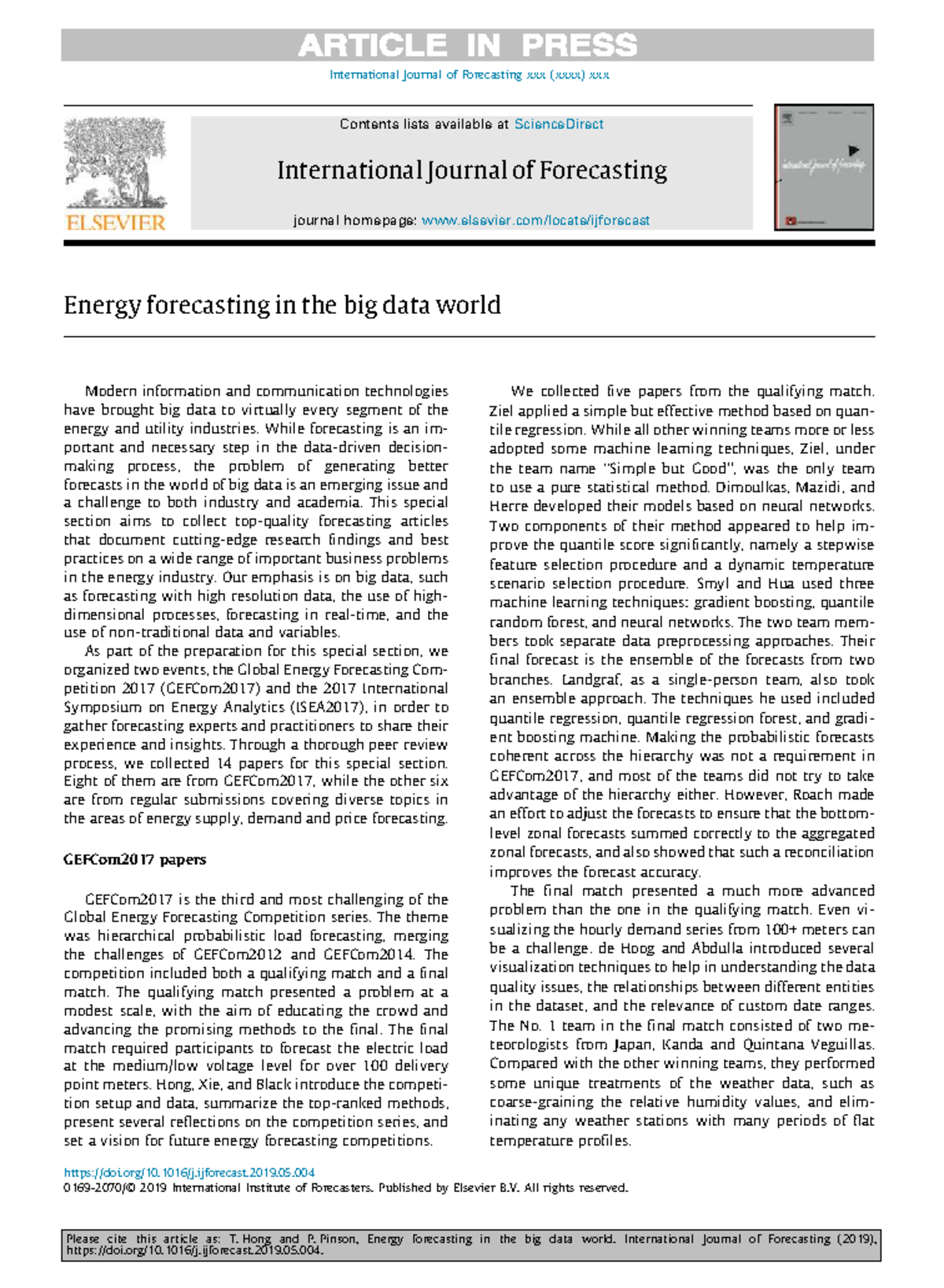 Energy Forecasting in the Big Data Era: Insights from GEFCom2017 - Studocu