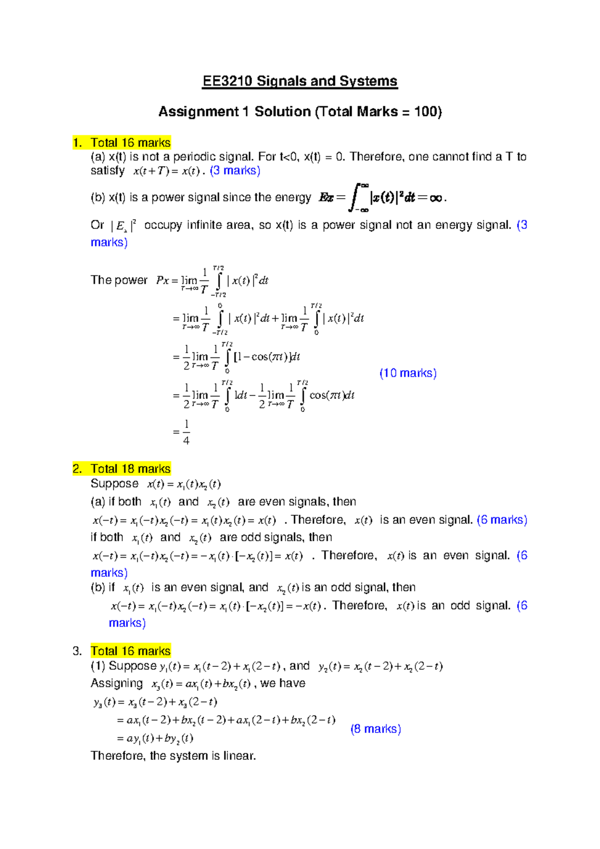 EE3210 Assignmen 1 Solution - EE 3210 Signals and Systems Assignment 1 ...