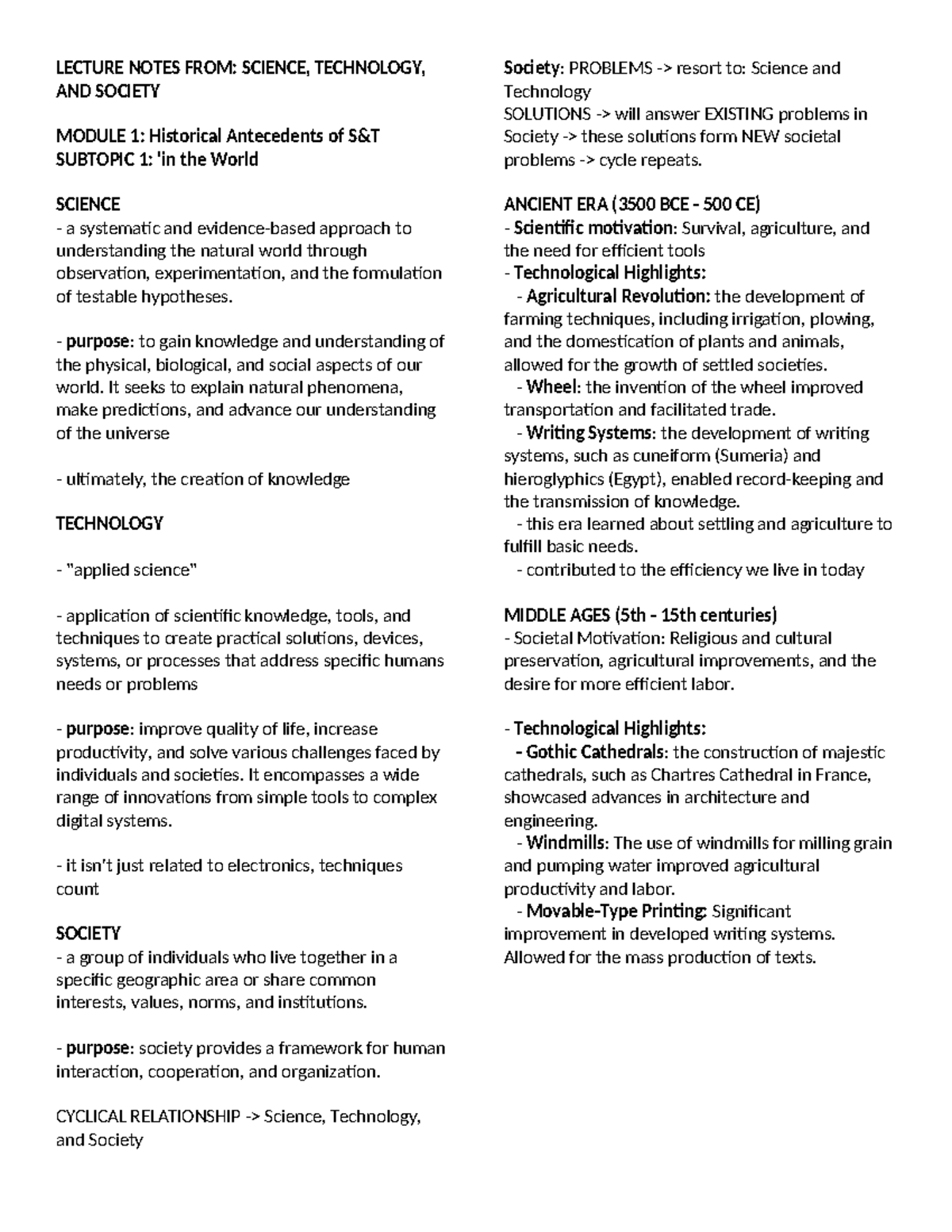 STS M1 Lecture Notes: Historical Antecedents of Science & Technology ...