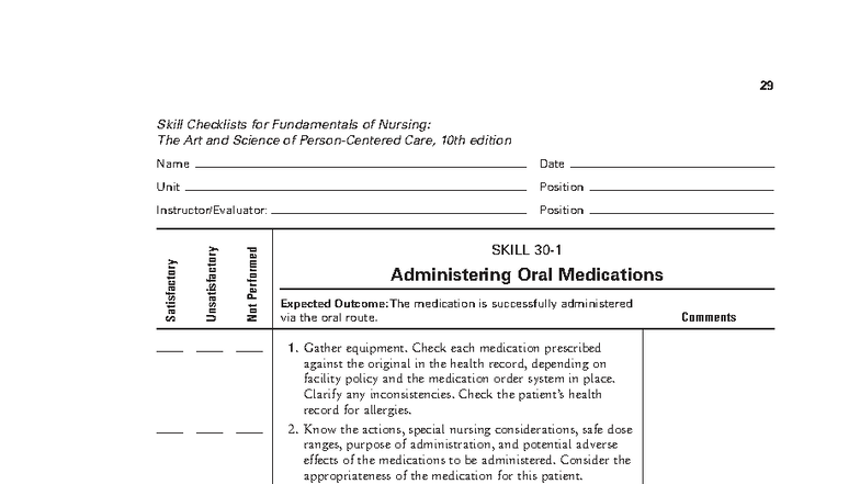 29 Skill Checklists for Nursing Fundamentals: Administering Oral Meds ...