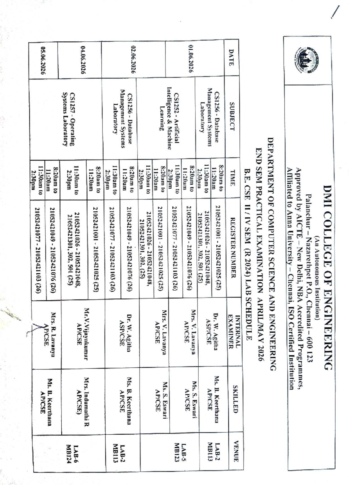 B.E. CSE IV Sem End Sem Practical Exam Lab Schedule 2026 - Studocu