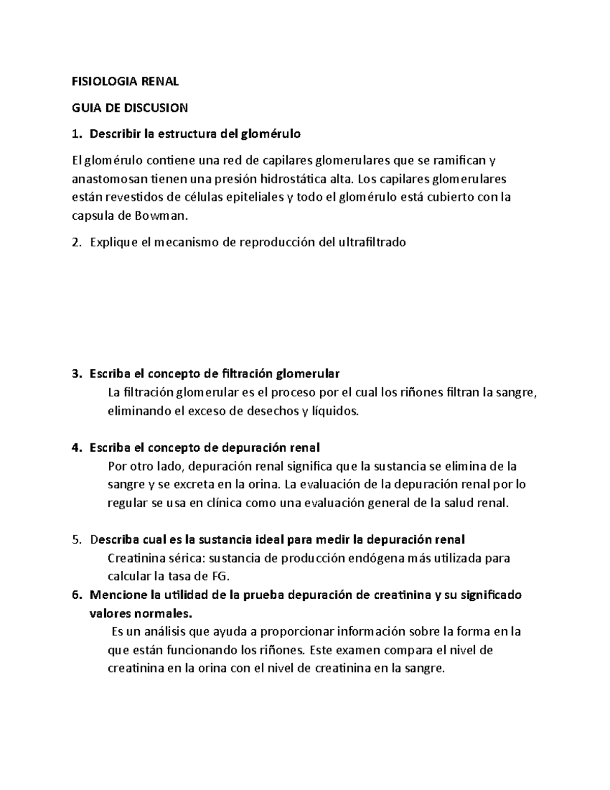 Fisiologia Renal - FISIOLOGIA RENAL GUIA DE DISCUSION Describir la ...