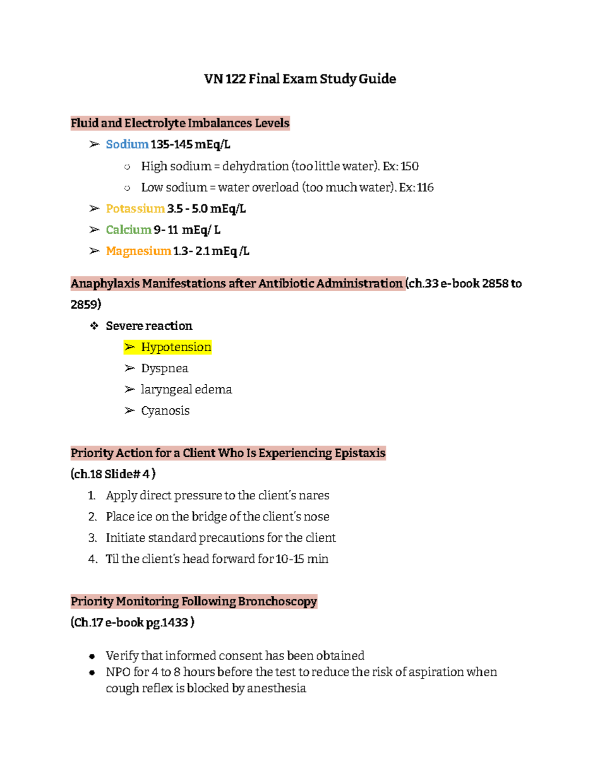 VN 122 Final Exam Study Guide: Fluid & Electrolyte Imbalances - Studocu