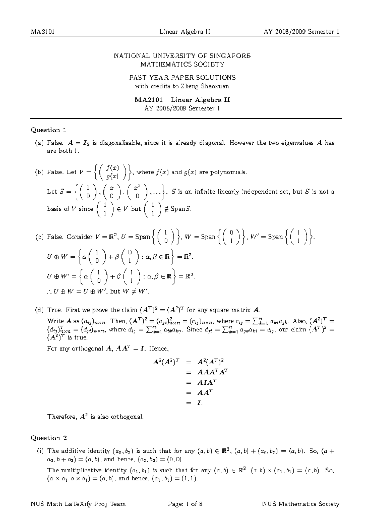 MA2101 Linear Algebra II AY Semester 1 Past Year Paper Solutions - Studocu