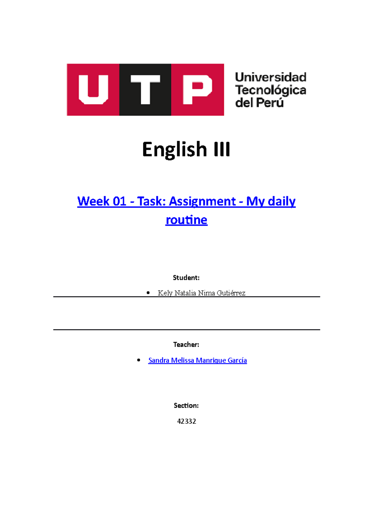 Week 01 Task Assignment My daily routine - English III Week 01 - Task ...