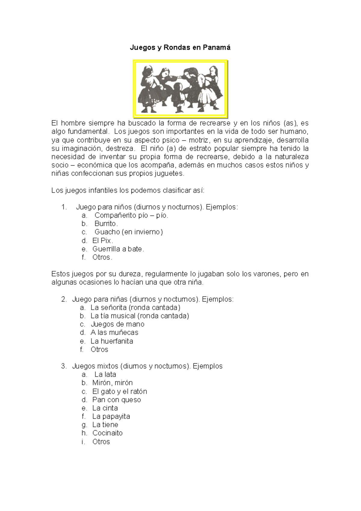 Juegos y Rondas Infantiles en Panamá: Un Estudio Cultural - Studocu
