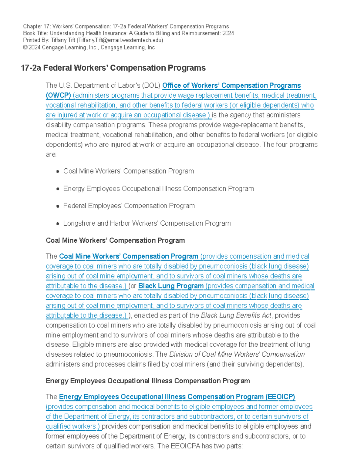 Chapter 17: Overview of Federal Workers' Compensation Programs - Studocu