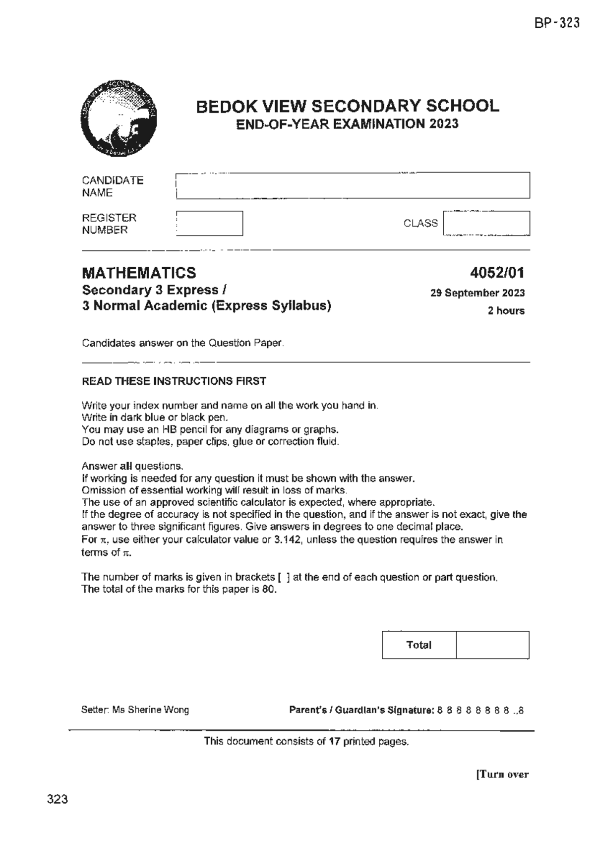 E-Math Sec 3 SA2 2023 Exam Paper - Bedok View Secondary - Studocu