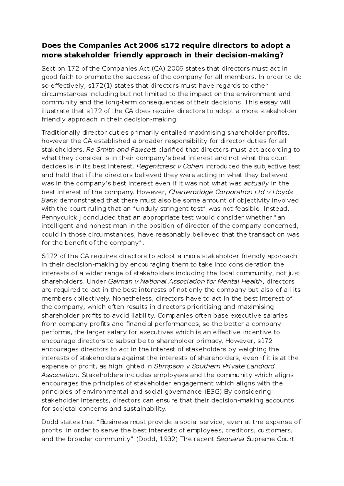 The Stakeholder Approach Under s172 of the Companies Act 2006: An Essay ...