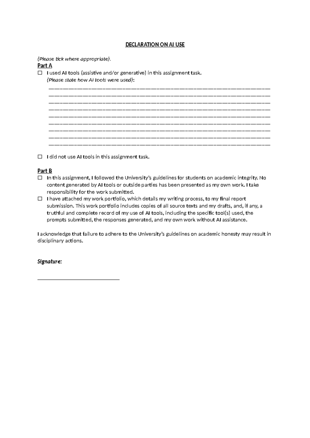 CHIN1001 Declaration of AI Use for Assignment Submission - Studocu