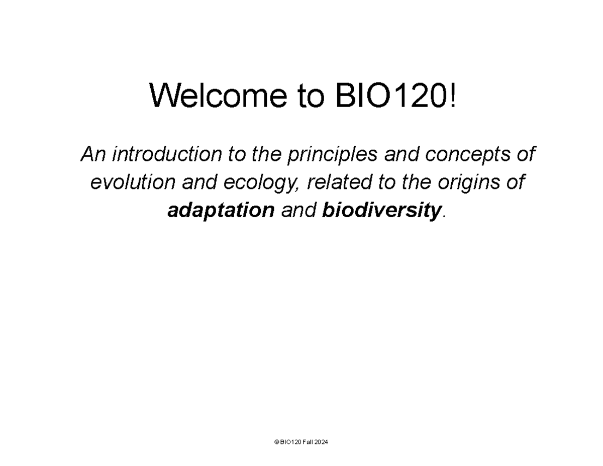 BIO120 Fall 2024 Lecture 1: Introduction to Evolutionary Biology - Studocu