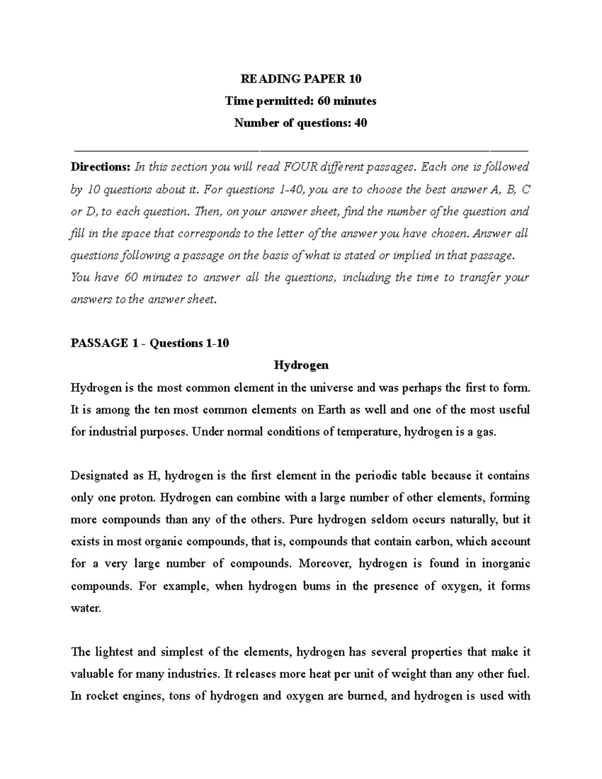 Reading test 10 - Practice - READING PAPER 10 Time permitted: 60 ...