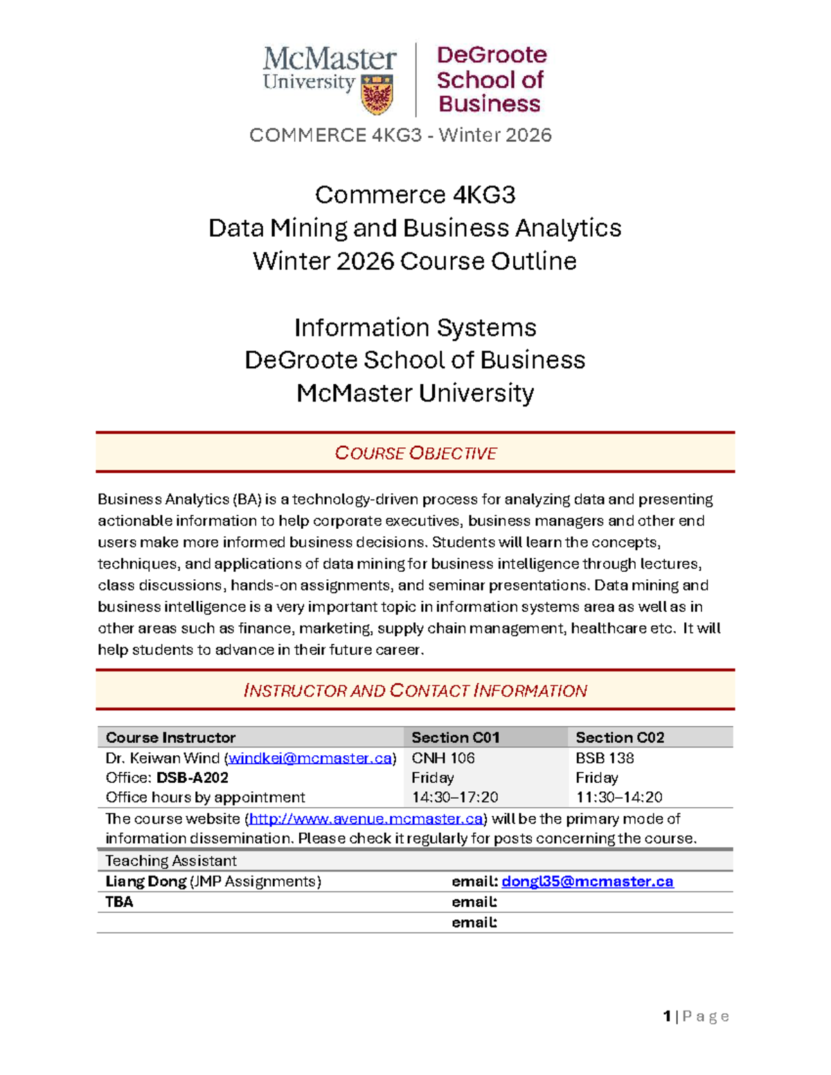 COMMERCE 4KG3 Winter 2026 Data Mining & Business Analytics Course ...