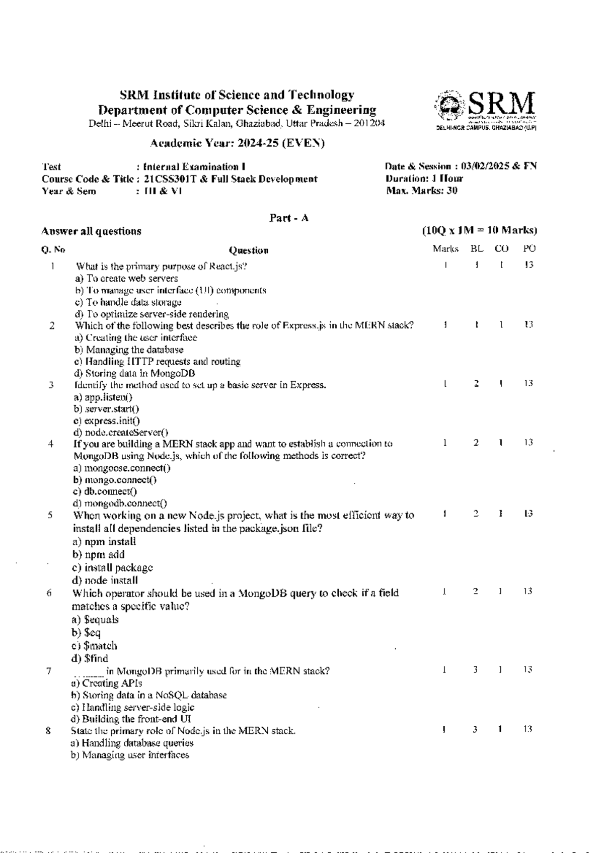 21CSS301T - Full Stack Development Internal Exam 1 Practice Material ...