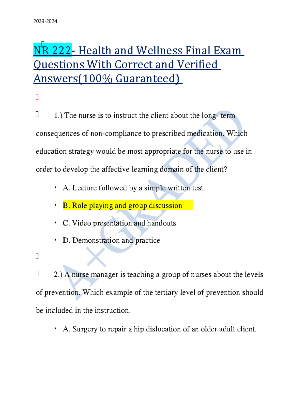 NR 222 - Health and Wellness Final Exam: Verified Questions & Answers ...