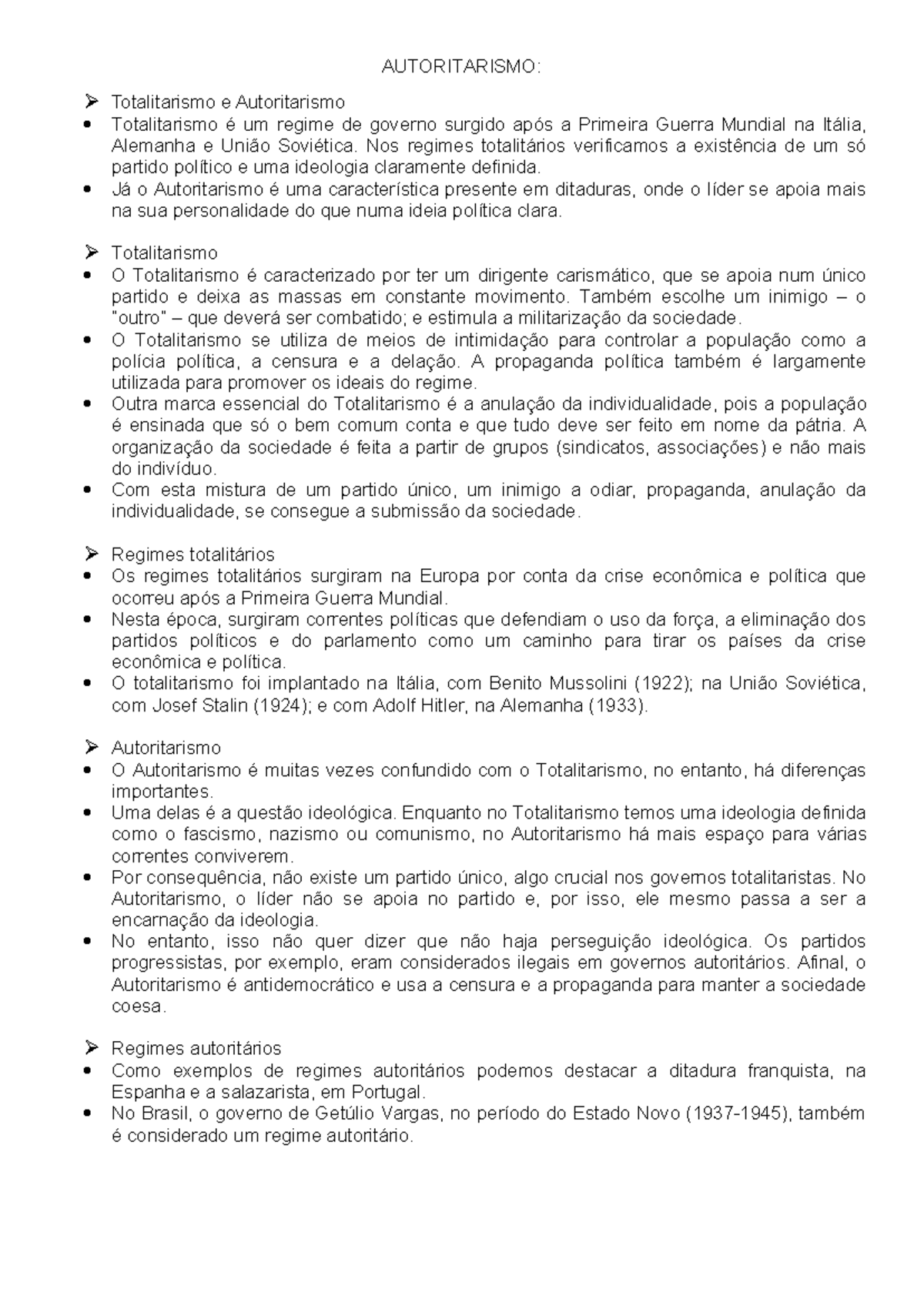 Resumo sobre Autoritarismo e Totalitarismo: Diferenças e Exemplos - Studocu