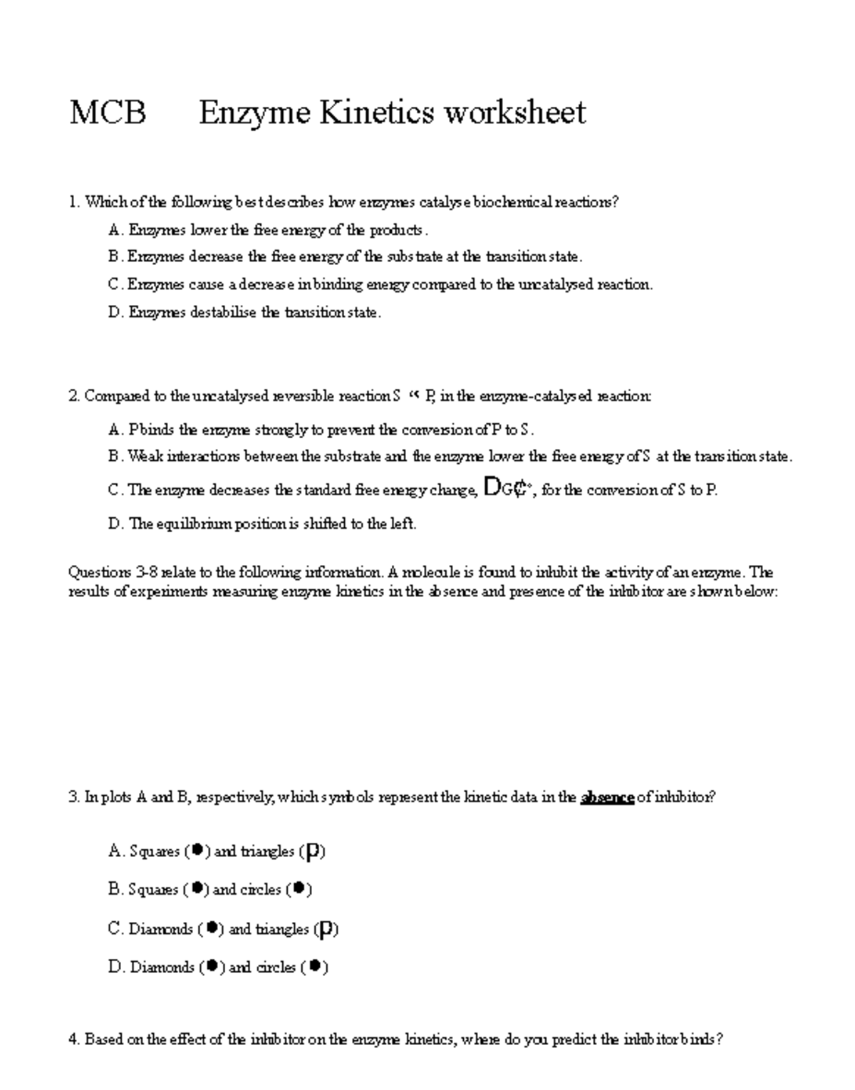 MCB Enzyme Kinetics Worksheet 1: Inhibition and Kinetic Analysis - Studocu