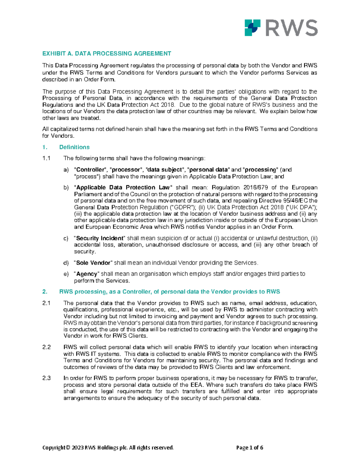 Exhibit A - Data Protection Addendum - EXHIBIT A. DATA PROCESSING ...