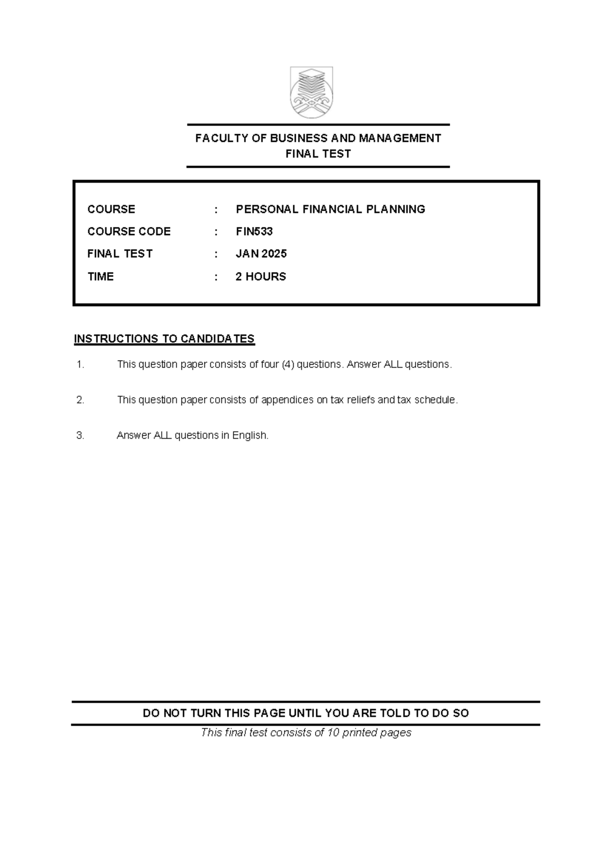 FIN533 Final Test: Personal Financial Planning - January 2025 - Studocu
