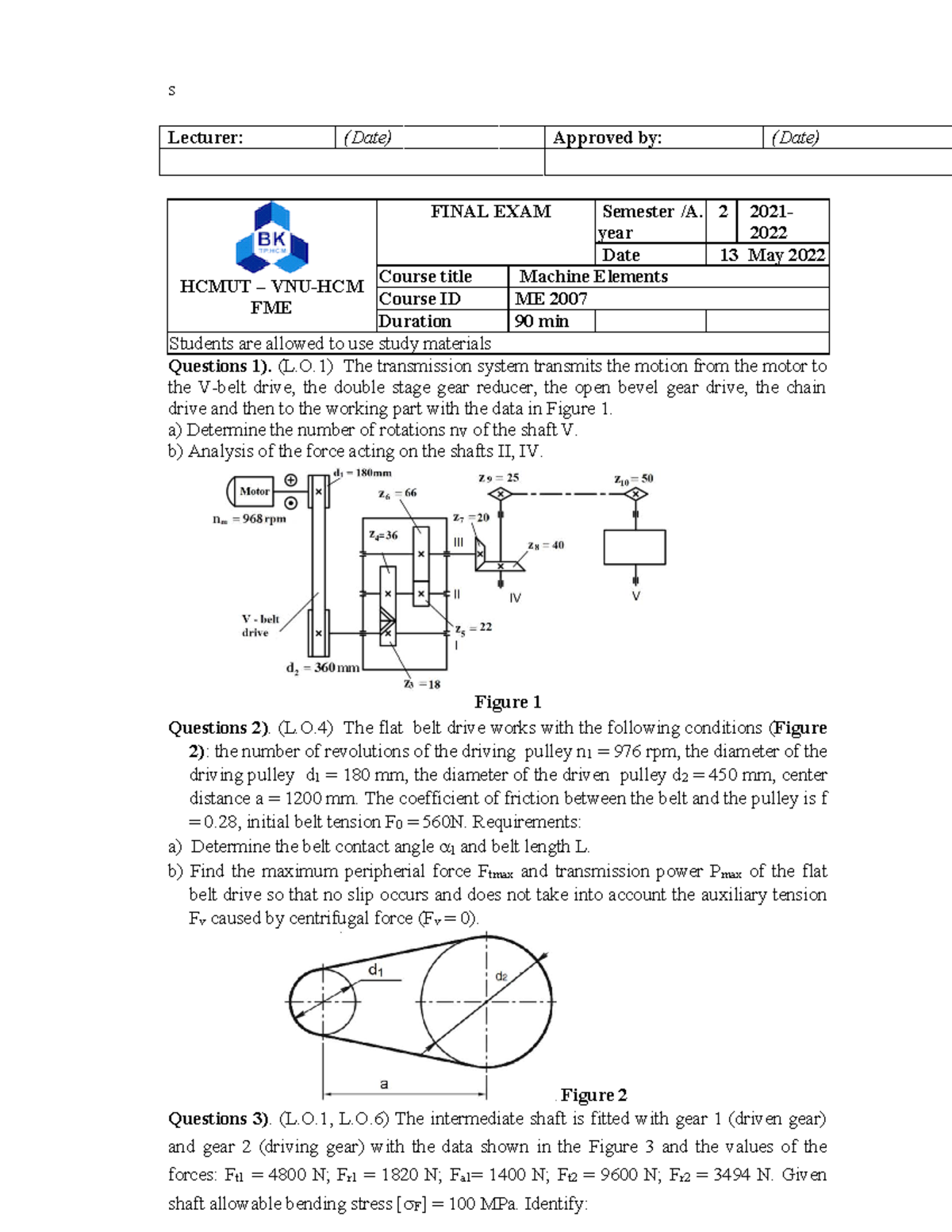 Final Exam ME 2007: Machine Elements - Semester 2 2021-2022 - Studocu