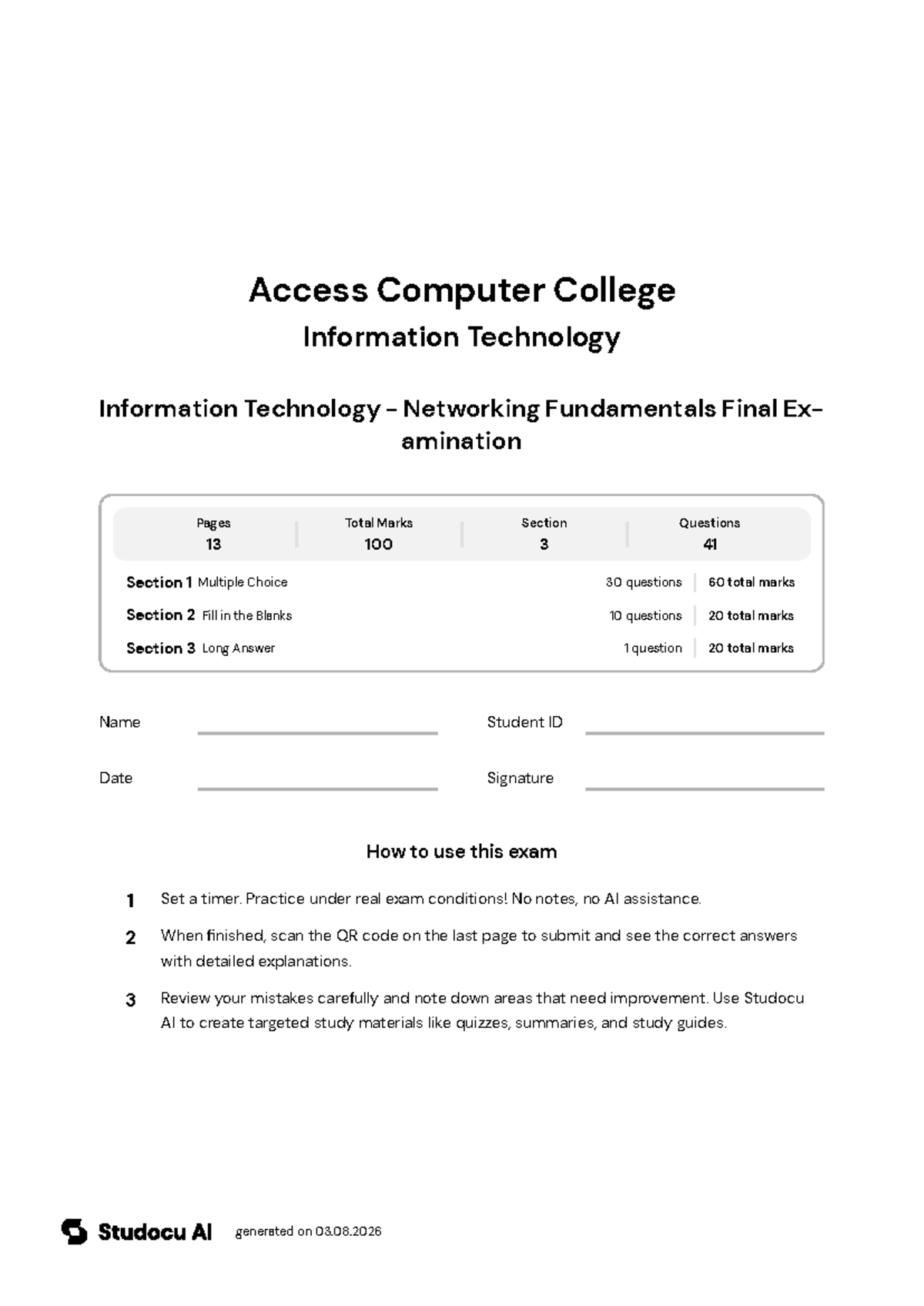 IT Networking Fundamentals Final Exam - Studocu