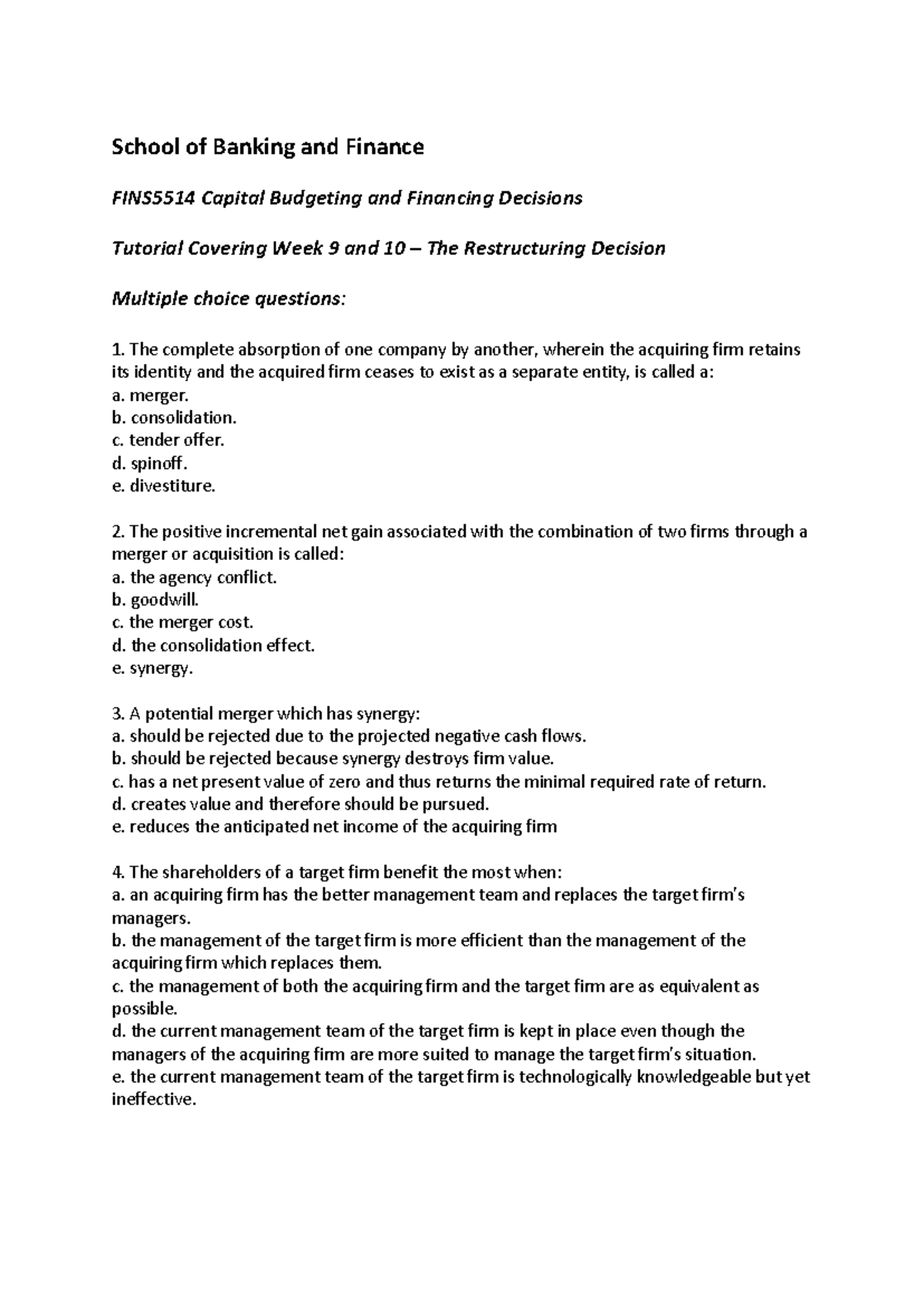 Week 9 10 questions - Tutorial solution covering Week 9 and 10 – The ...