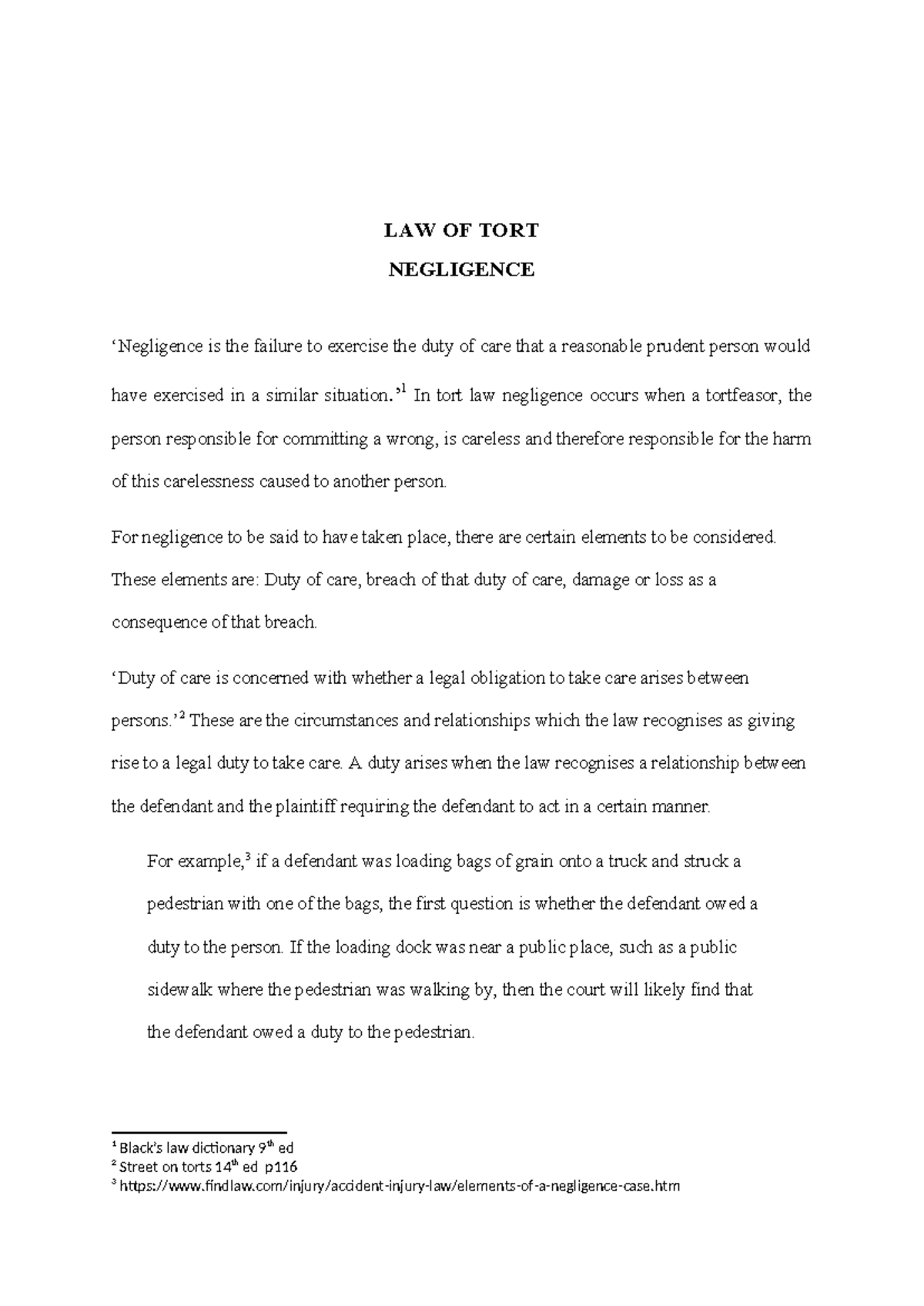 LAW OF TORT Negligence - Summary Law of Torts - LAW OF TORT NEGLIGENCE ...