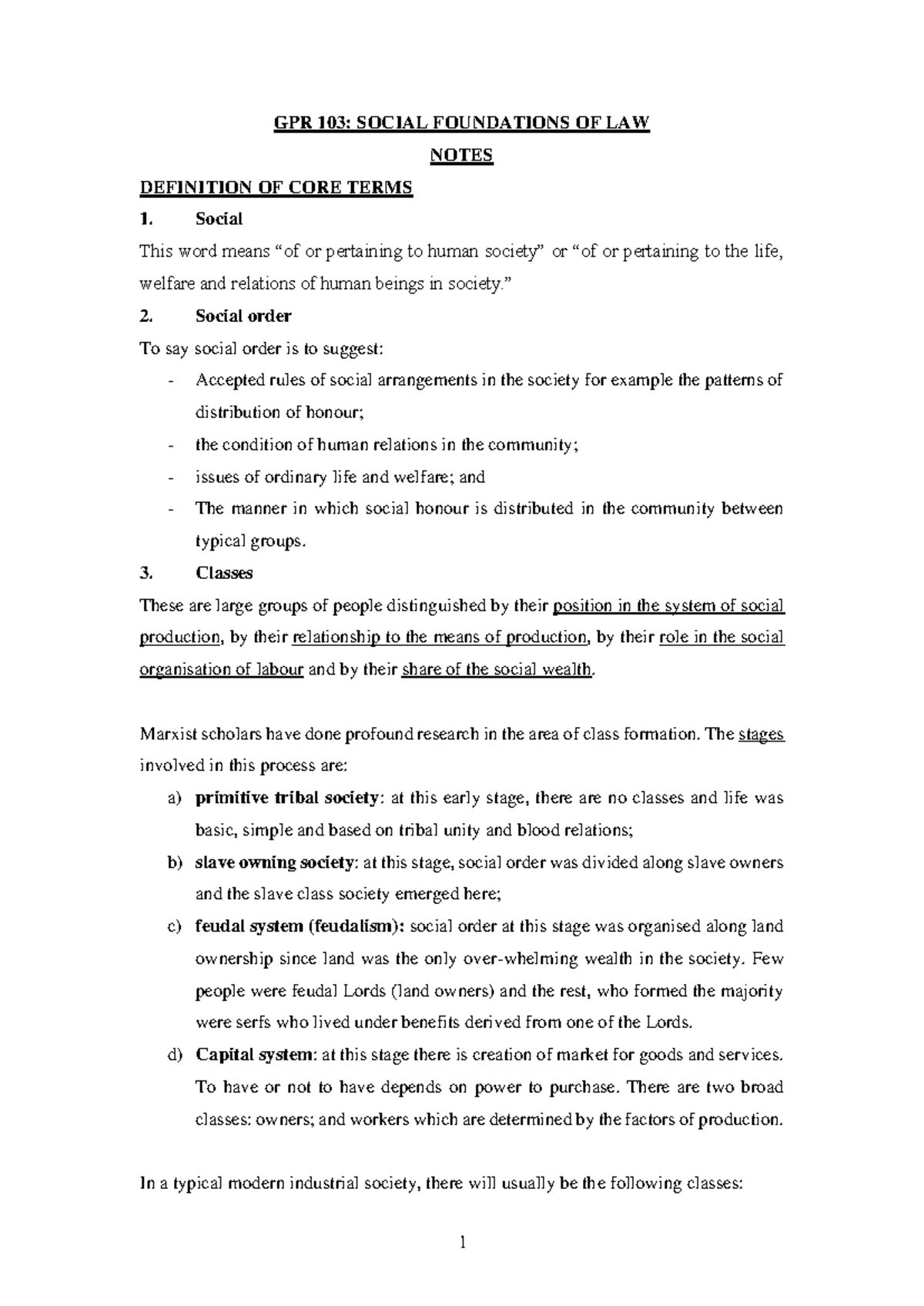 GPR 103 Lecture Notes: Social Foundations of Law Overview - Studocu