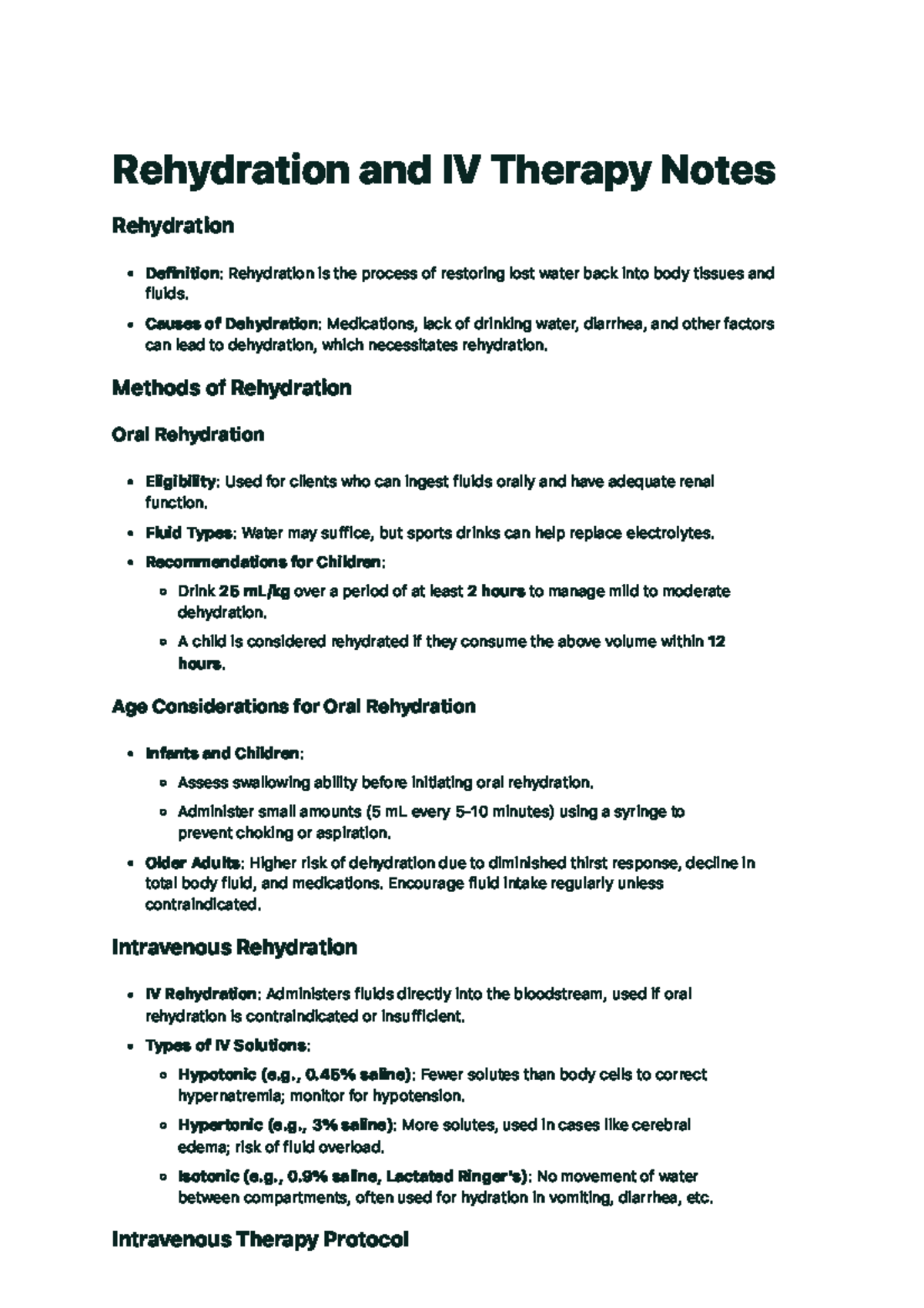 Rehydration & IV Therapy Notes (NUR 101) - Studocu