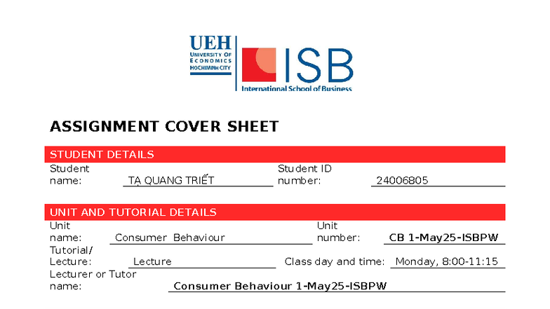 Individual Assignment Cover Sheet for CB - Capstone Project - Studocu