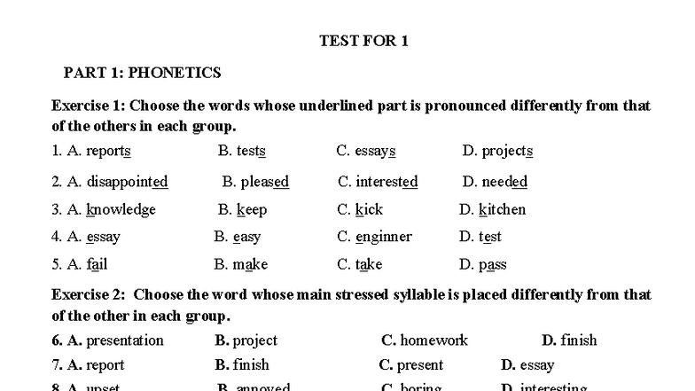 TEST FOR 1: PHONETICS & VOCABULARY - English 7 Exam Prep - Studocu