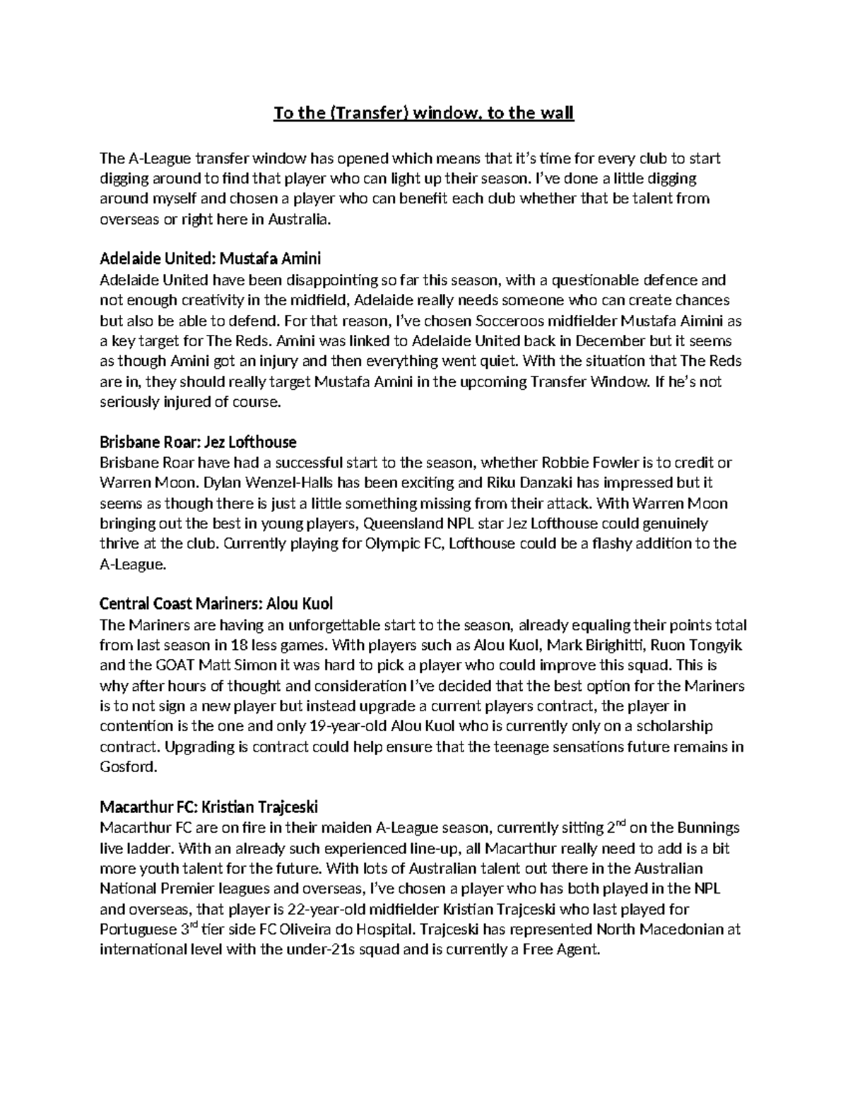 A-League Teams' Ideal Transfers for Upcoming Transfer Window - Studocu