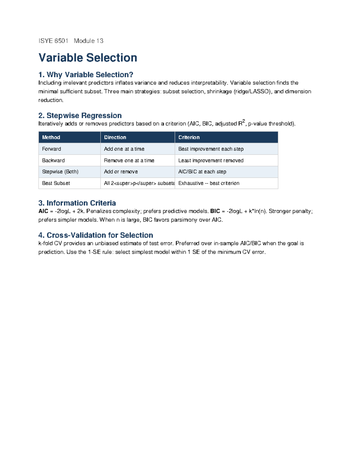 ISYE 6501 Module 13: Strategies for Effective Variable Selection - Studocu