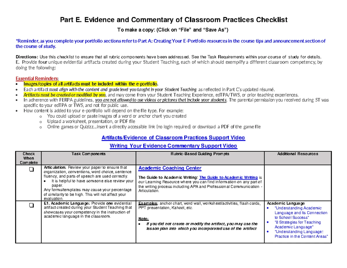 Part D: Professional Growth Reflection & Growth Plan Checklist - Studocu