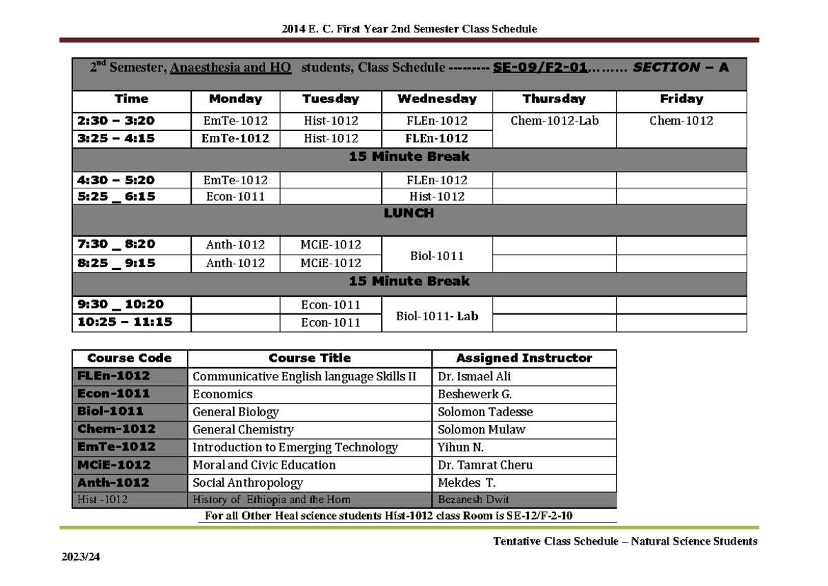 Tentative Class Schedule for Natural Science Students - 2nd Sem SE-09 ...