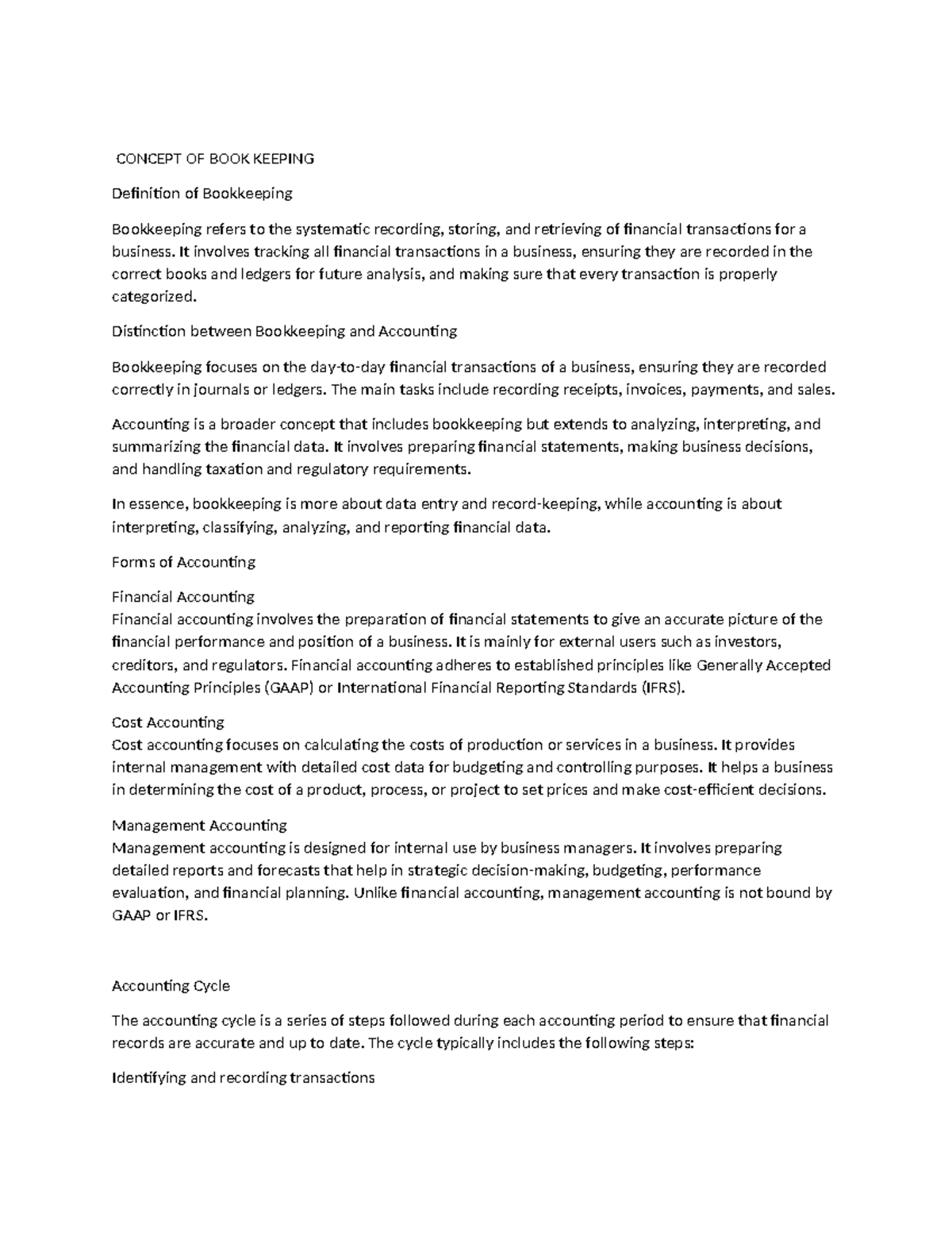 BOOKKEEPING NOTES B - ACCOUNTING BASICS: CONCEPTS & CYCLE - Studocu