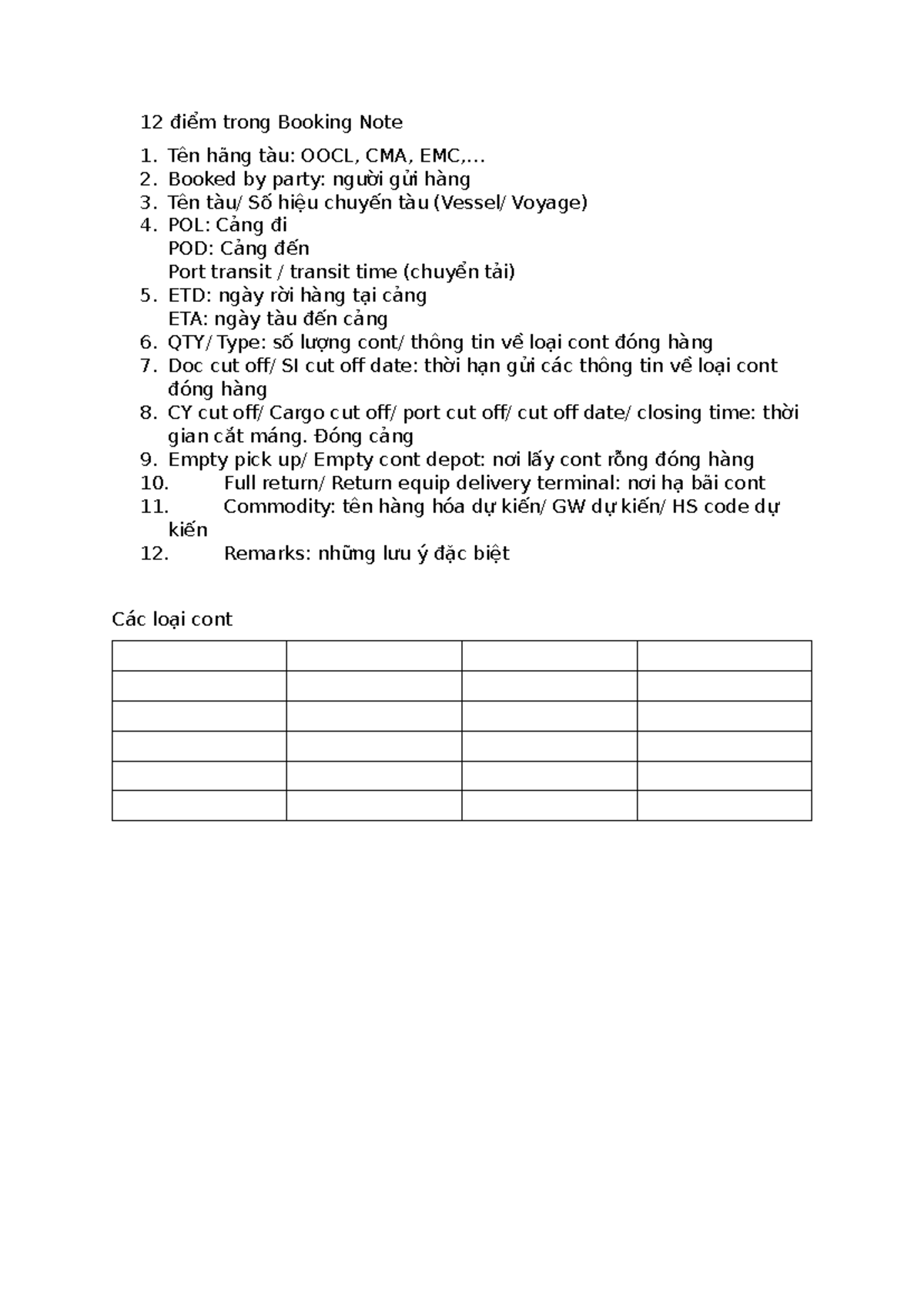 12 Điều Cần Lưu Ý Trong Booking Note (Logistics) - Studocu