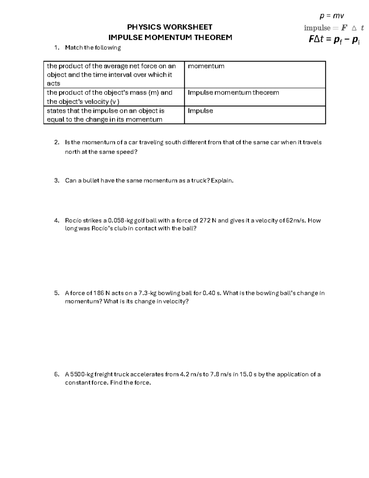 Impulse Momentum Theorem Worksheet