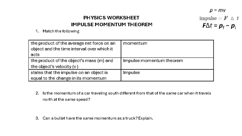 Impulse Momentum Theorem Worksheet
