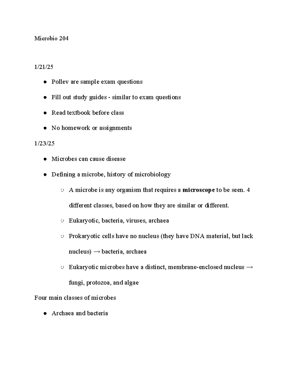 BIO 204 - my lecture notes for lectures 1-5 - Microbio 204 1/21/ Pollev ...