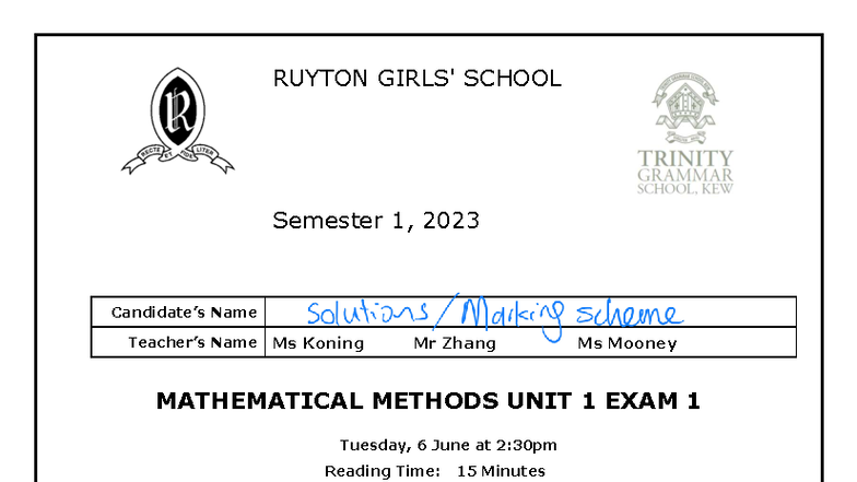 MATHEMATICAL METHODS UNIT 1 SEM 1, 2023 EXAM MARKING SCHEME - Studocu