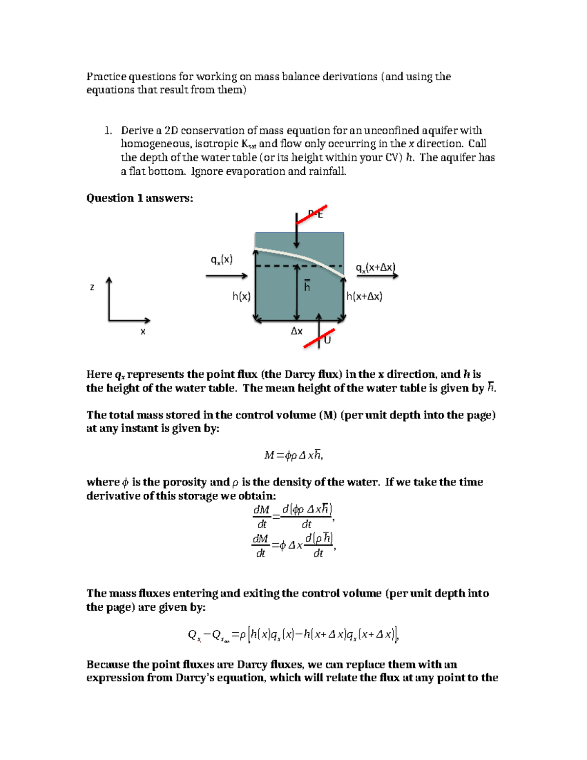 Practice Questions for Mass Balance Derivations - Partial Solutions ...