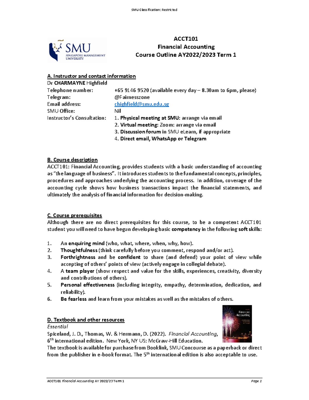 ACCT101 Financial Accounting Course Outline AY2022/2023 Term 1 - Studocu