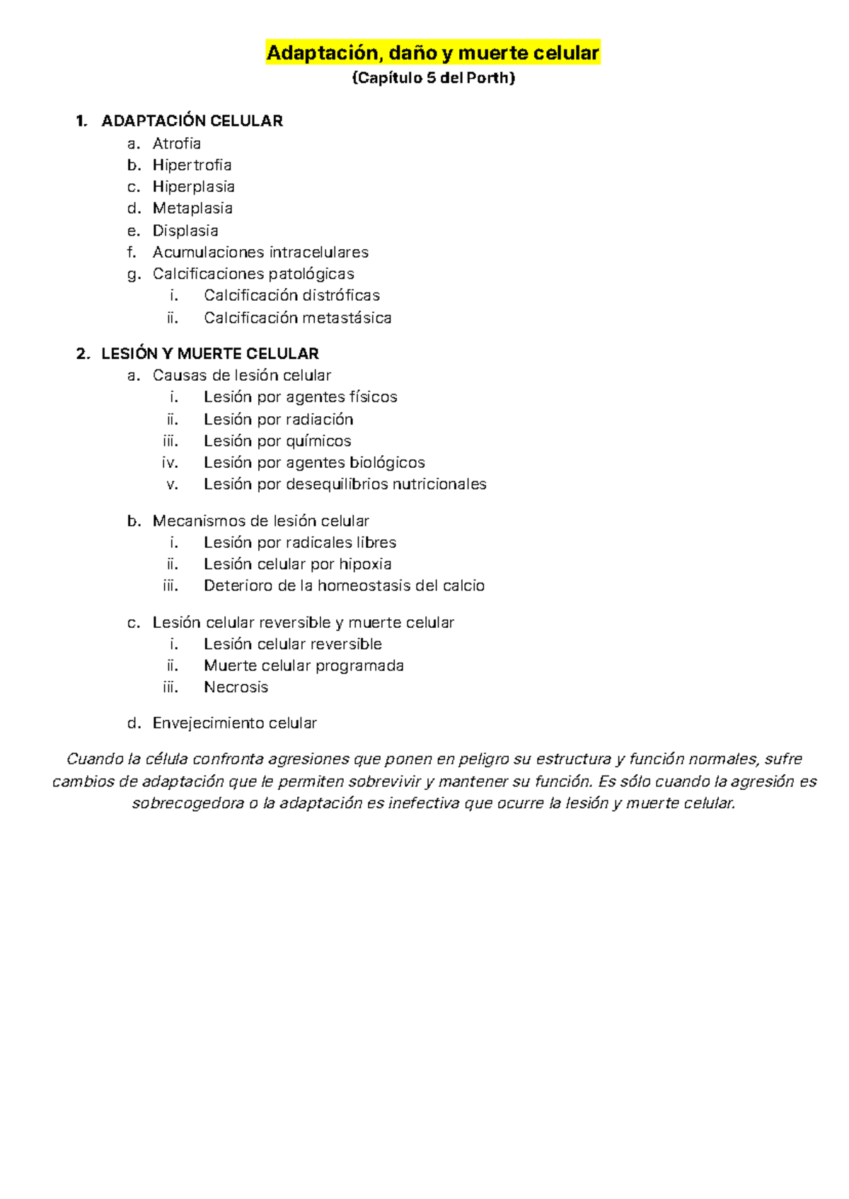 Adaptación, Daño y Muerte Celular - Capítulo 5 del Porth - Document Preview