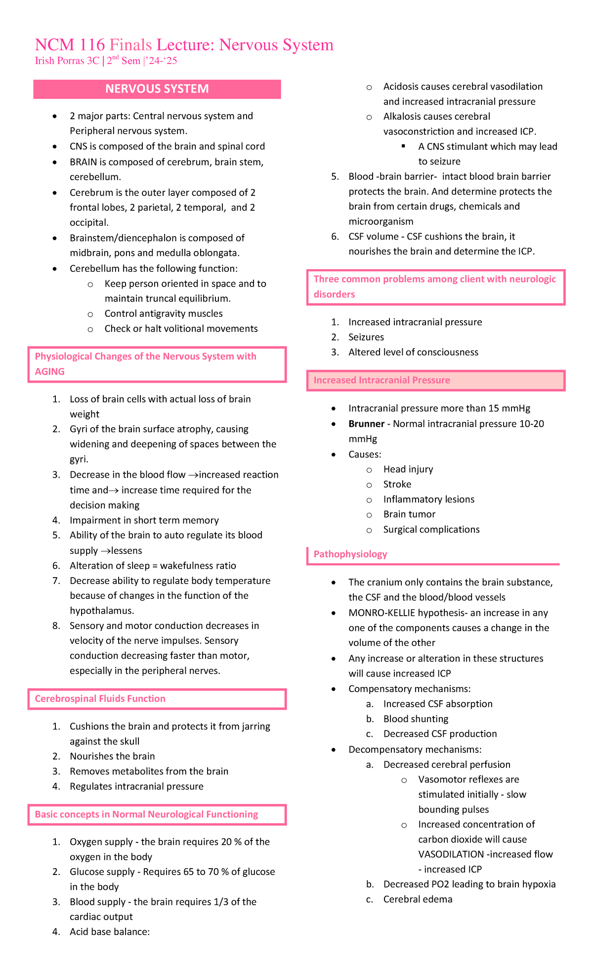 NCM 116 Final Exam Lecture Notes: Nervous System Overview - Studocu