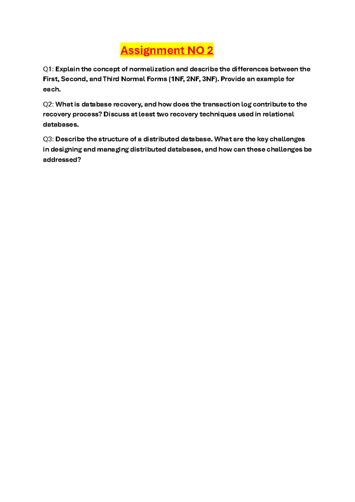 Assignment NO 2 - lab assigmnet dbms - Assignment NO 2 Q1: Explain the ...