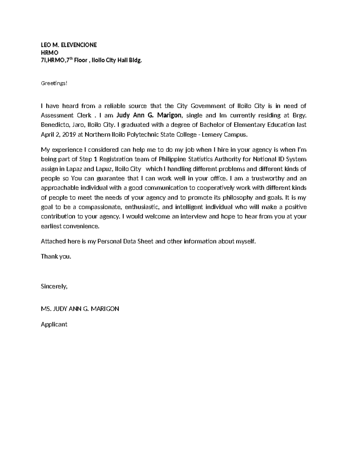 Application letter - LEO M. ELEVENCIONE HRMO 7I,HRMO,7th Floor , Iloilo ...
