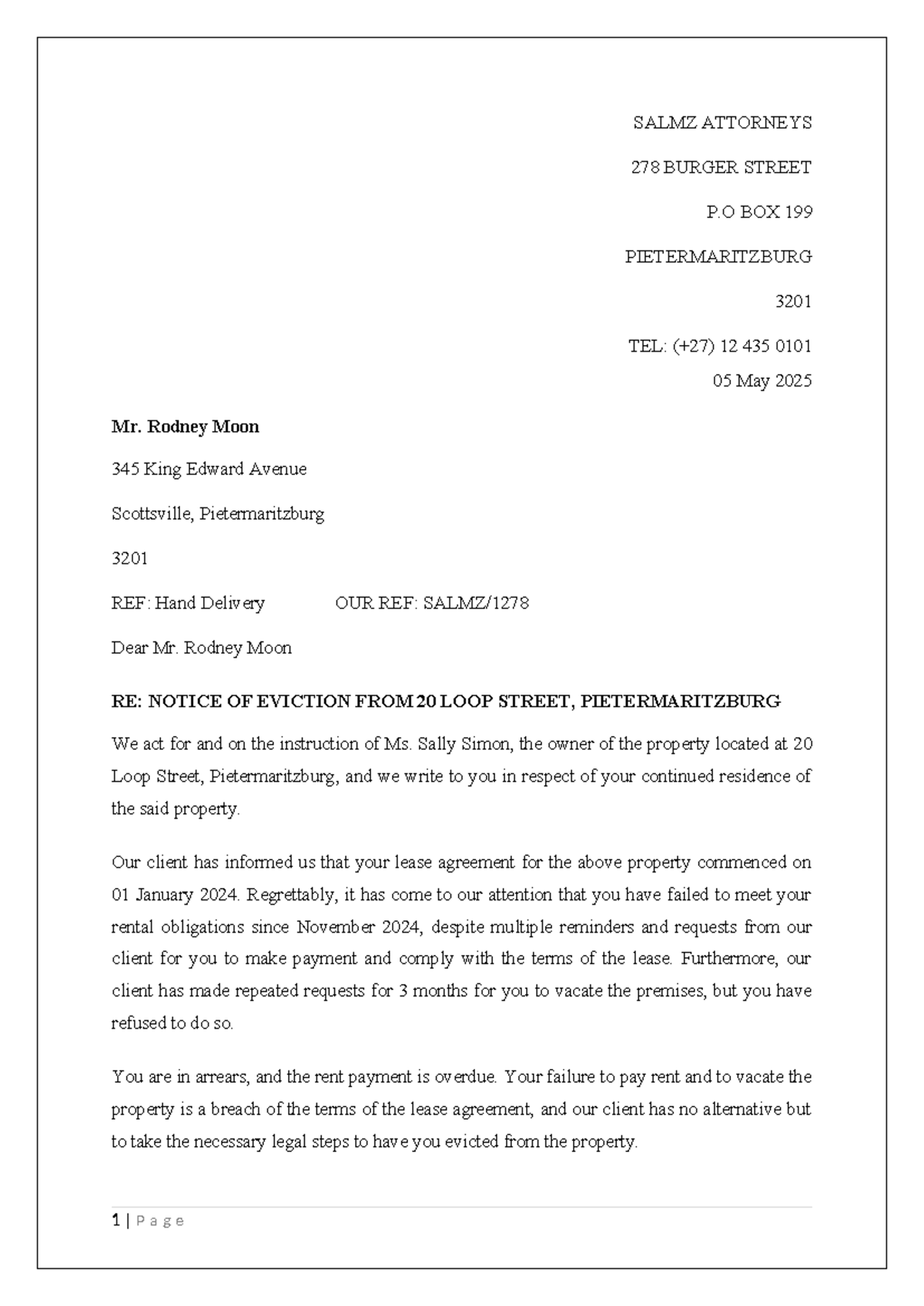 Eviction Notice - Legal Action for Non-Payment of Rent - Studocu