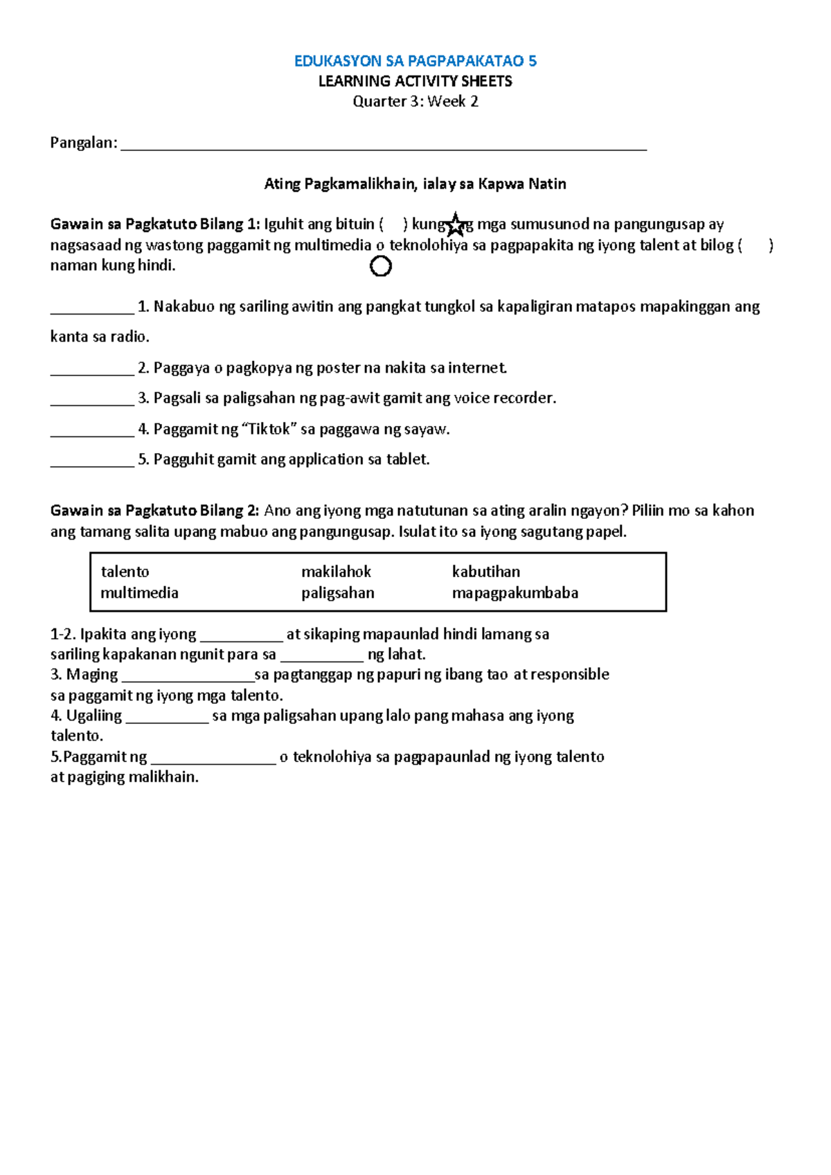 ESP 5 Q3 W2 LAS - Week 2 Learning Activity Sheet on Multimedia Use ...